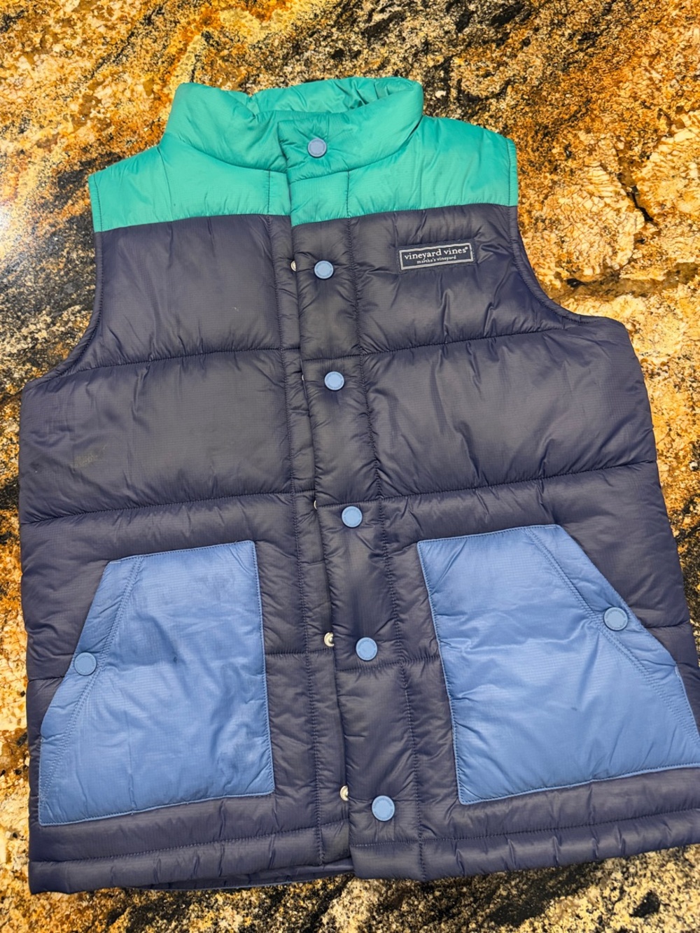 Vineyard Vines Kids Quilted Puffer Vest in Navy, Teal & Light Blue